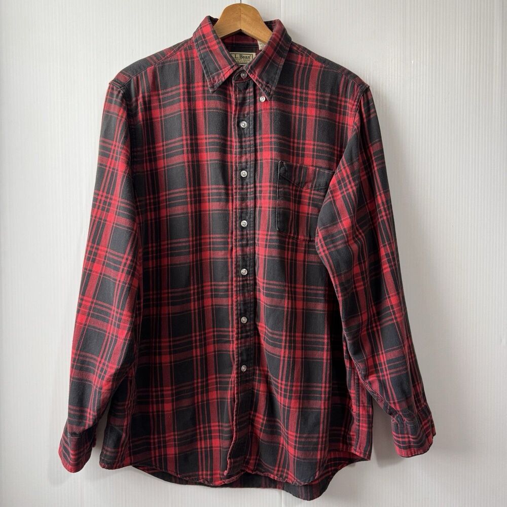 Vintage LL Bean Flannel Shirt Mens Sz M/R Red Plaid Freeport Maine USA Button Up